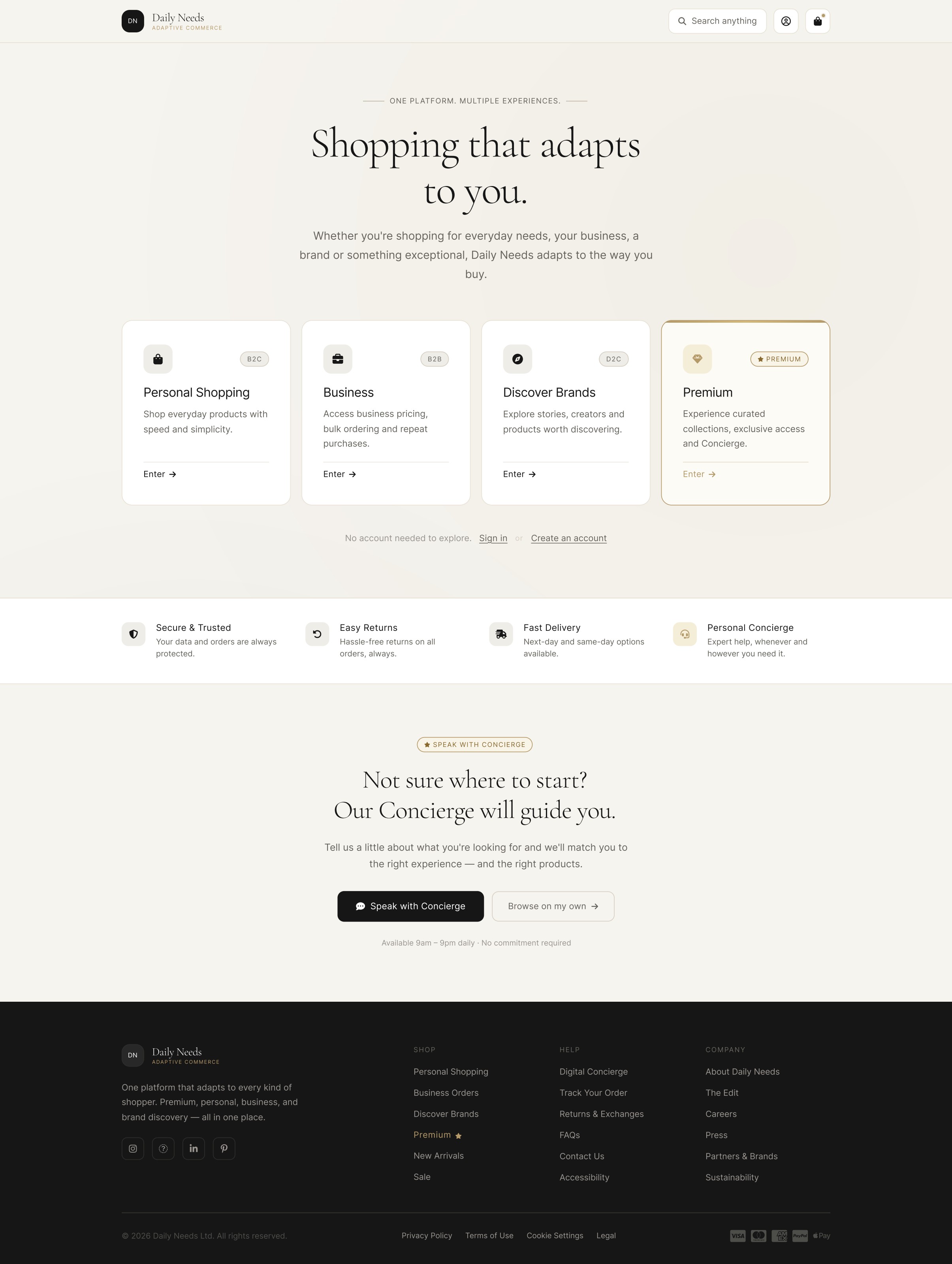 Daily Needs homepage with B2C, B2B, D2C and Premium entry cards
