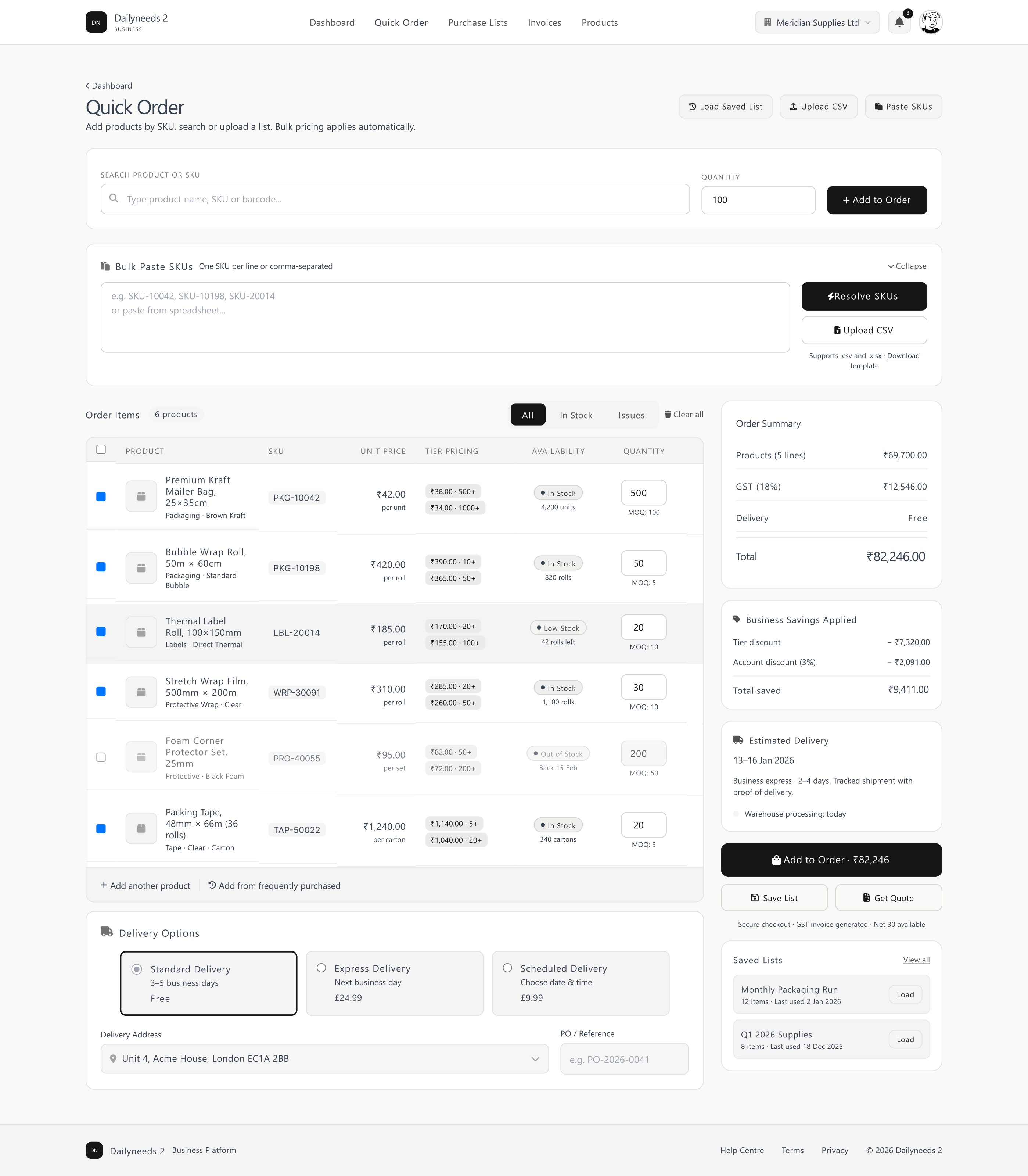 Quick order screen with SKU entry, CSV upload, bulk pricing and delivery options