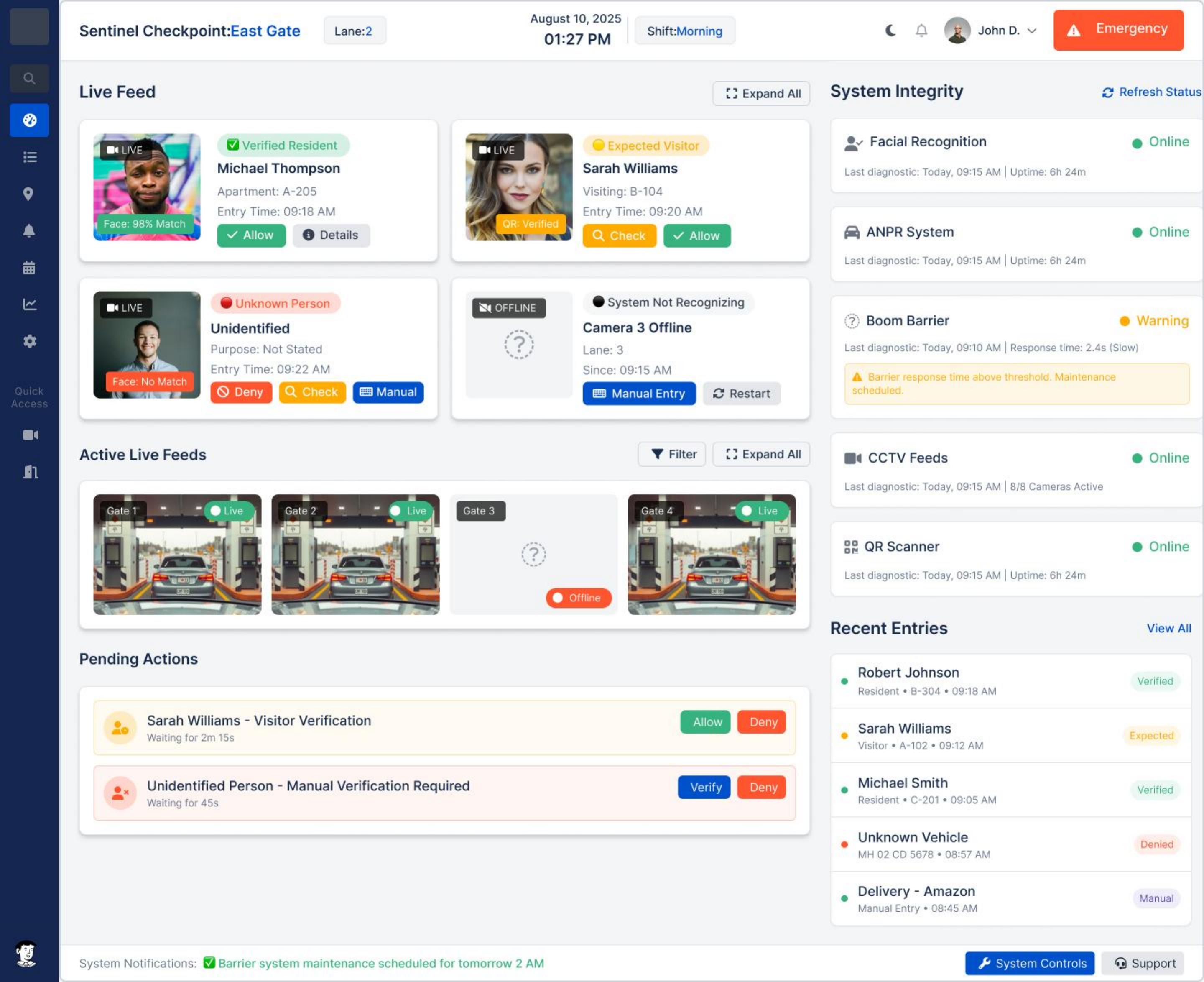 Security Sentinel live operations dashboard showing visitor verification, camera feeds, device health and pending actions