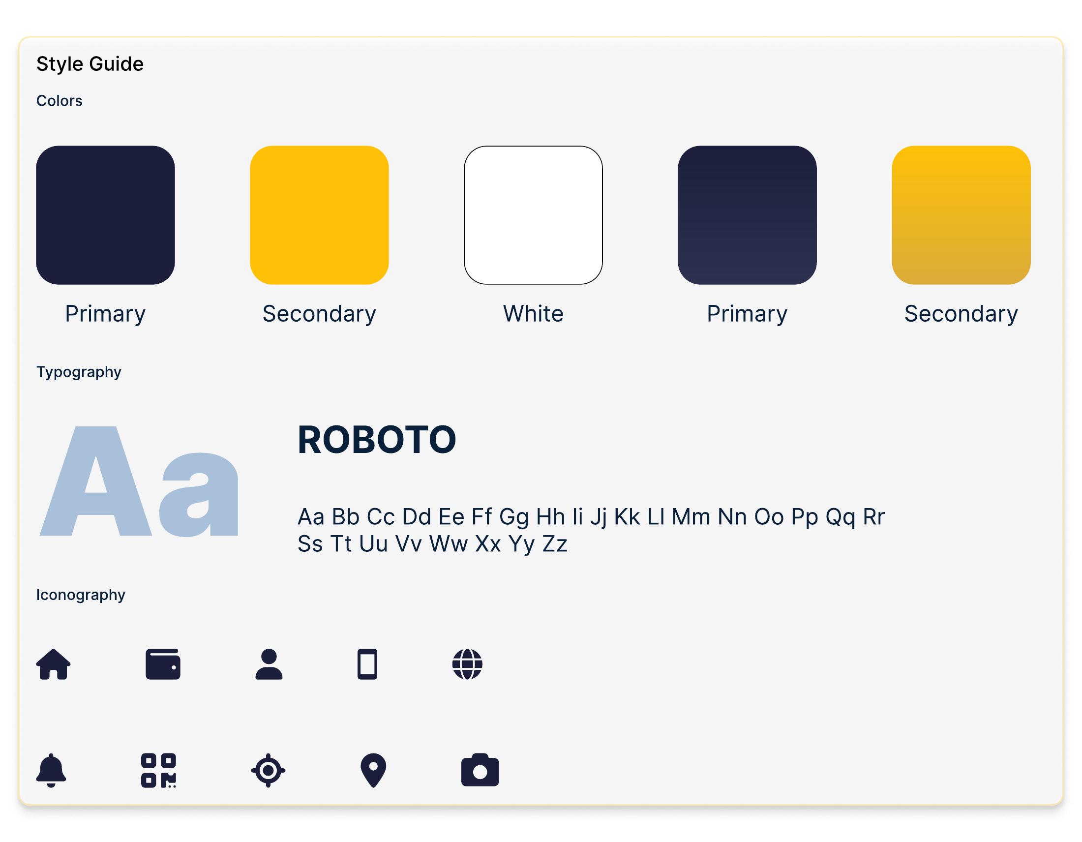 REXI style guide showing primary and secondary colors, typography and interface icons