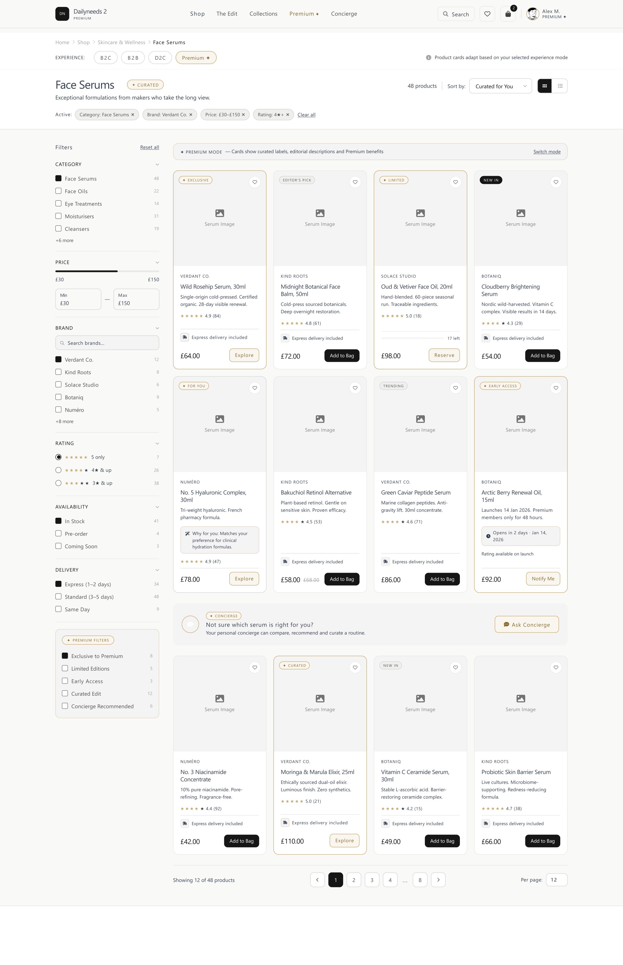 Product listing page with B2C, B2B, D2C and Premium experience switcher