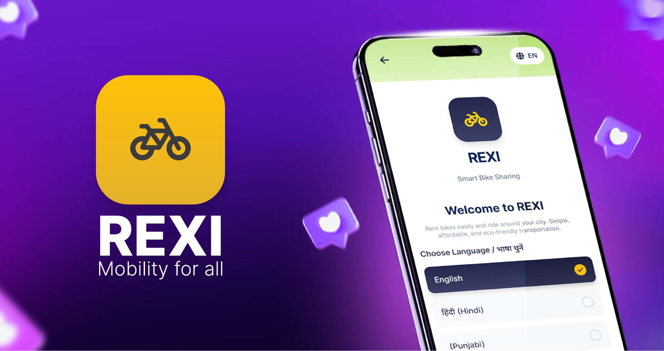 REXI Smart Bike Sharing concept cover with mobile welcome screen and language selection