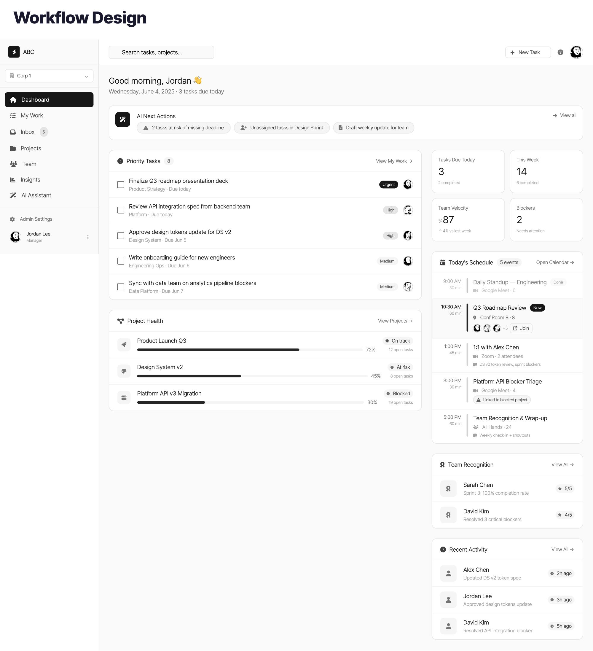 Enterprise task workspace with contextual AI assistance beside the work detail