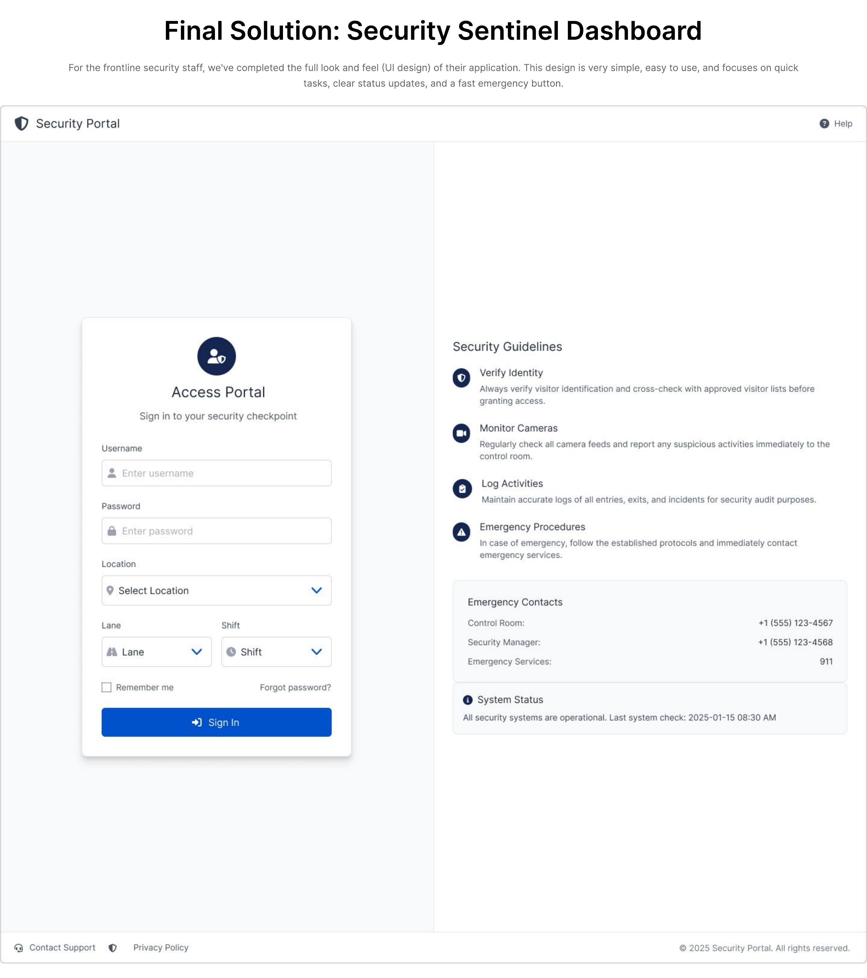 Security Sentinel access portal with checkpoint sign-in, security guidance and current system status
