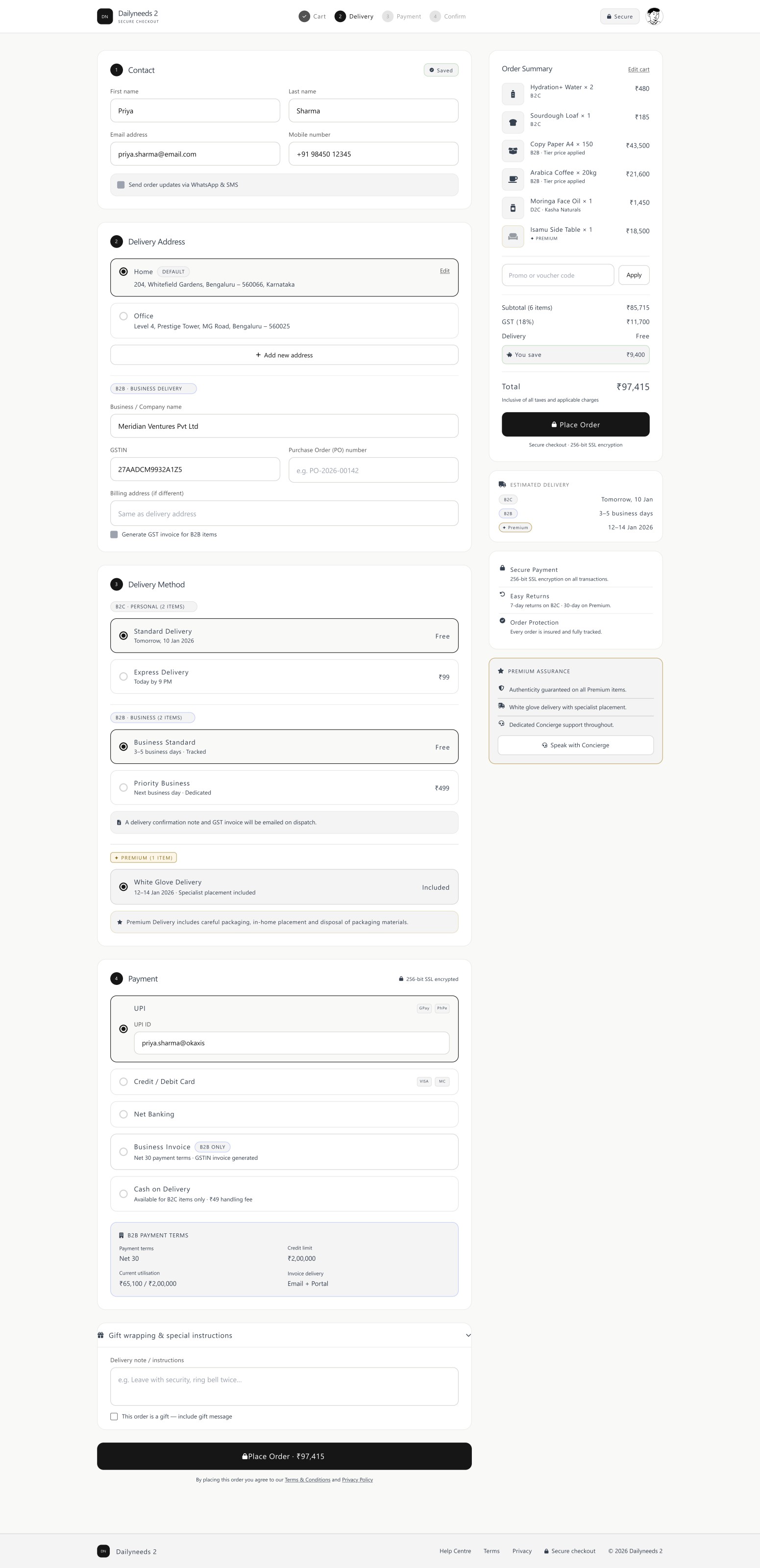 Checkout flow with delivery, payment and confirmation steps