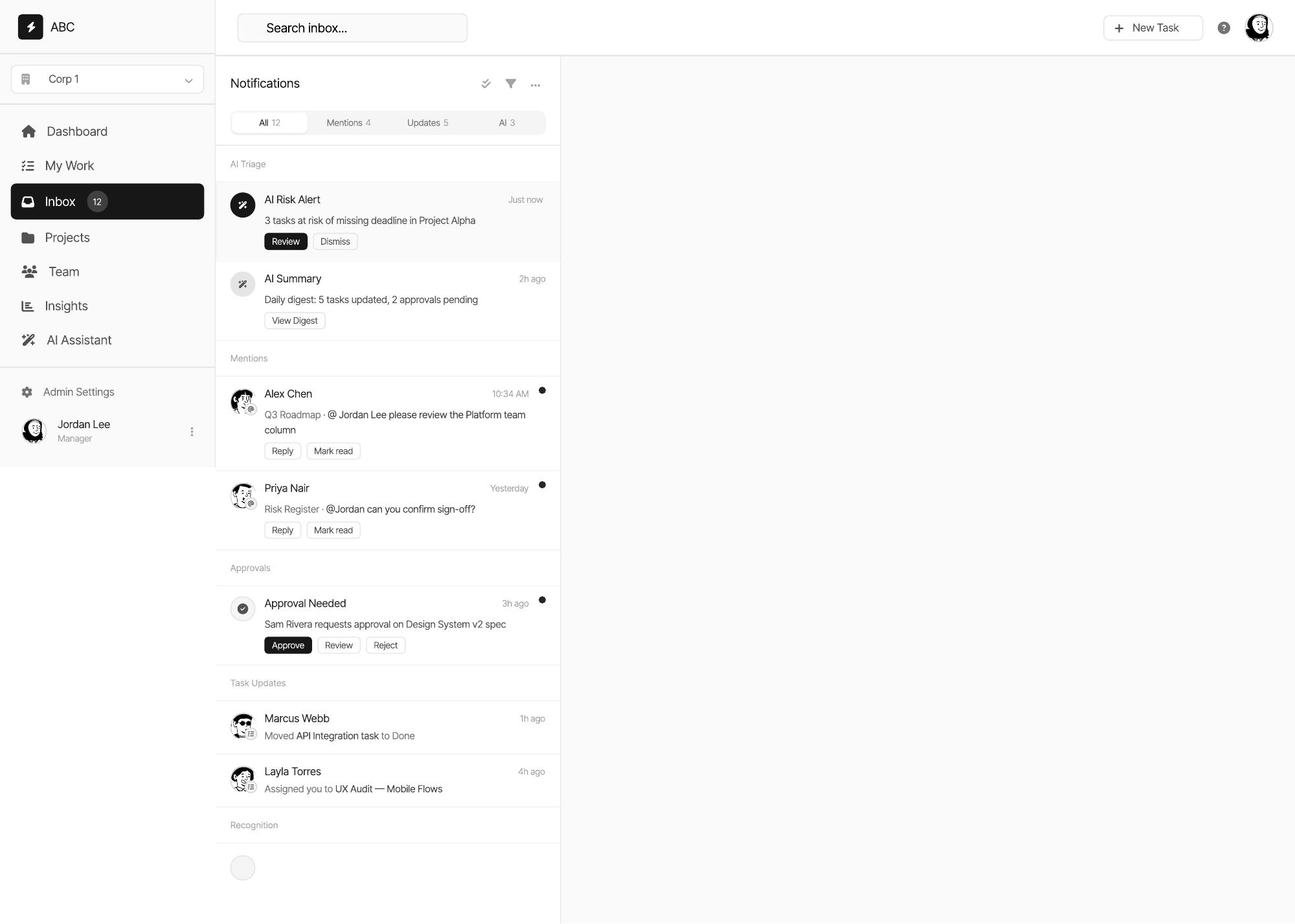 Enterprise inbox separating action requests, task updates and recognition notifications