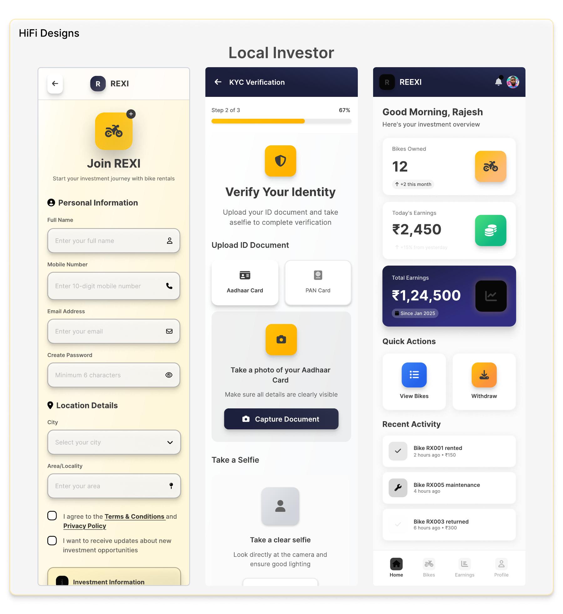 High-fidelity REXI local investor screens for joining, identity verification and earnings tracking