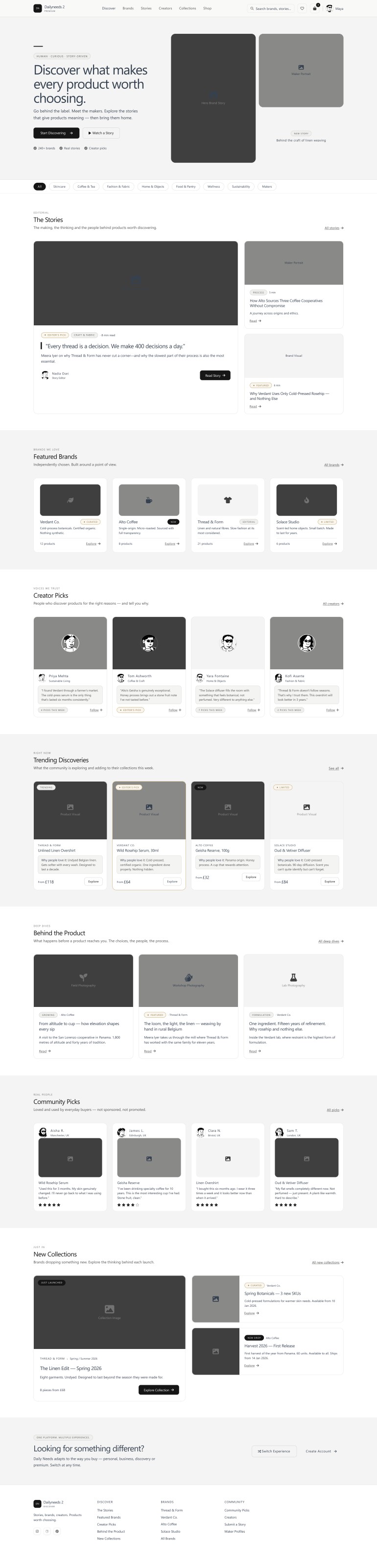 D2C discovery page with brand stories, creators and collections