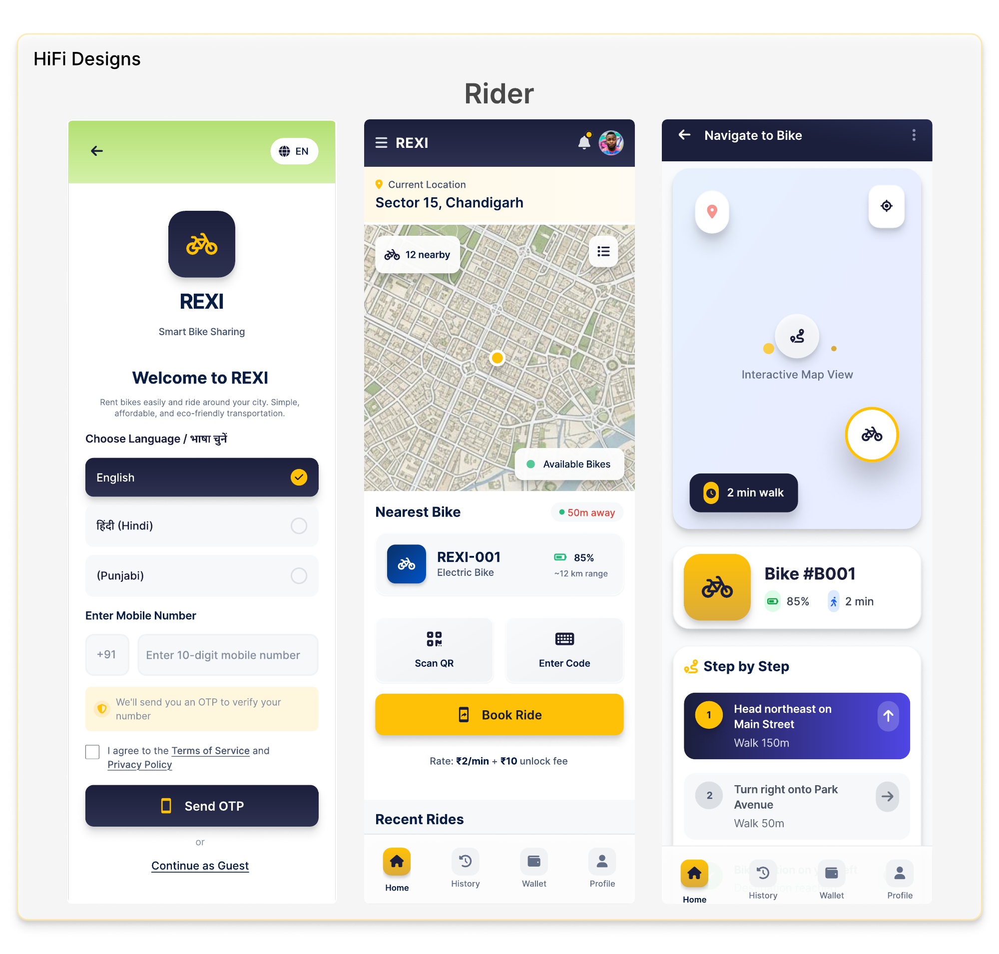 Original REXI rider designs from the case study PDF showing onboarding, nearby bikes and route navigation