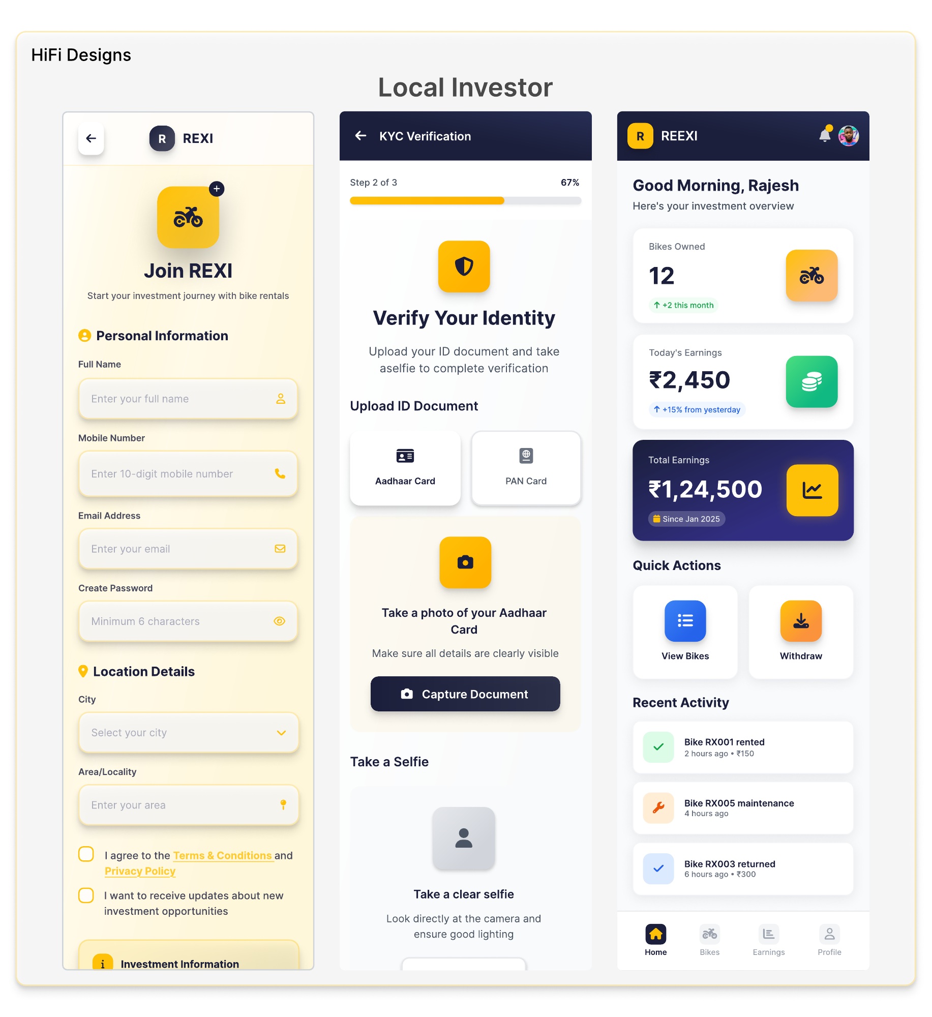 High-fidelity REXI local investor screens for joining, identity verification and earnings tracking