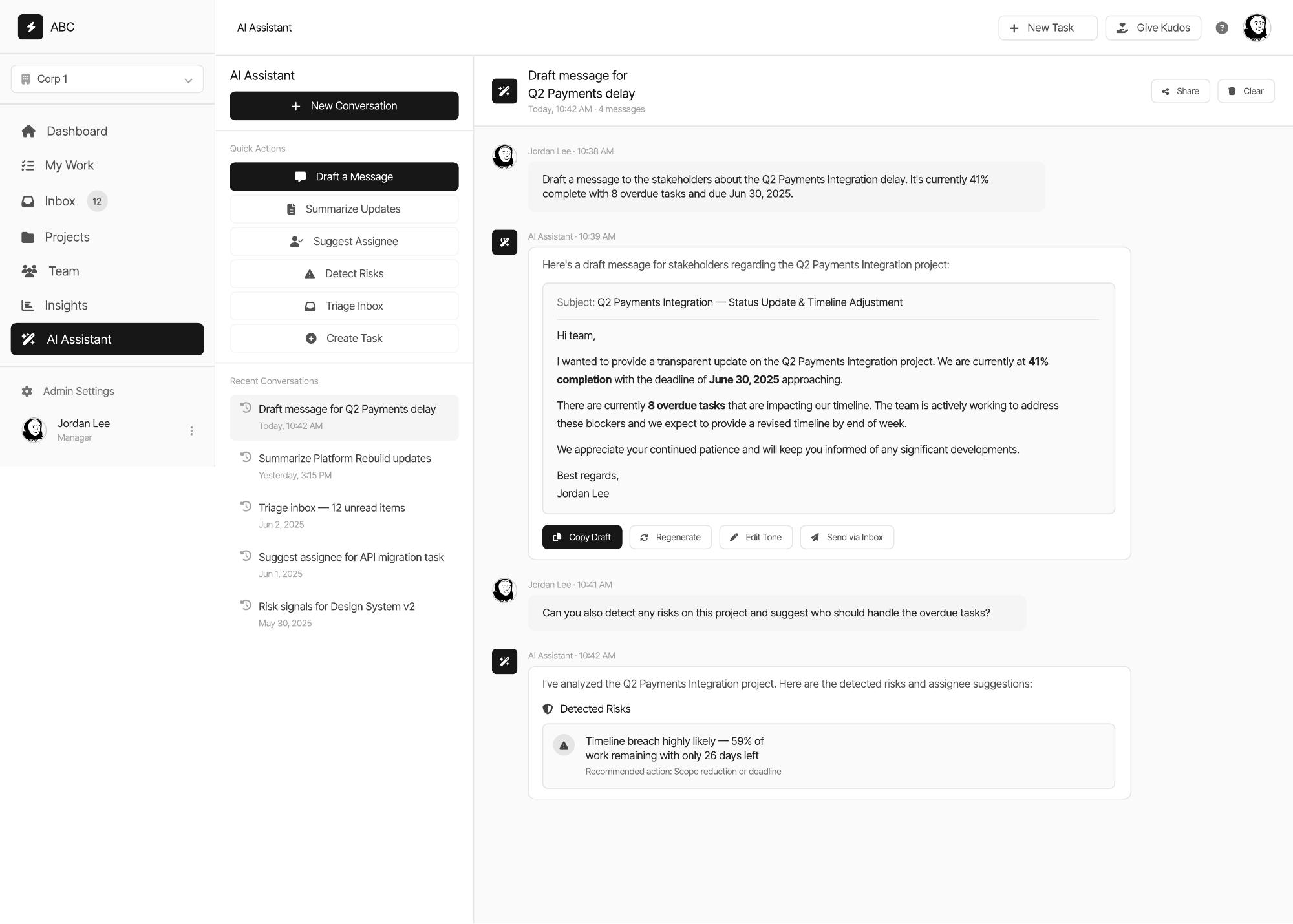 AI assistant analysing project risk and presenting evidence, recommended actions and assignee suggestions