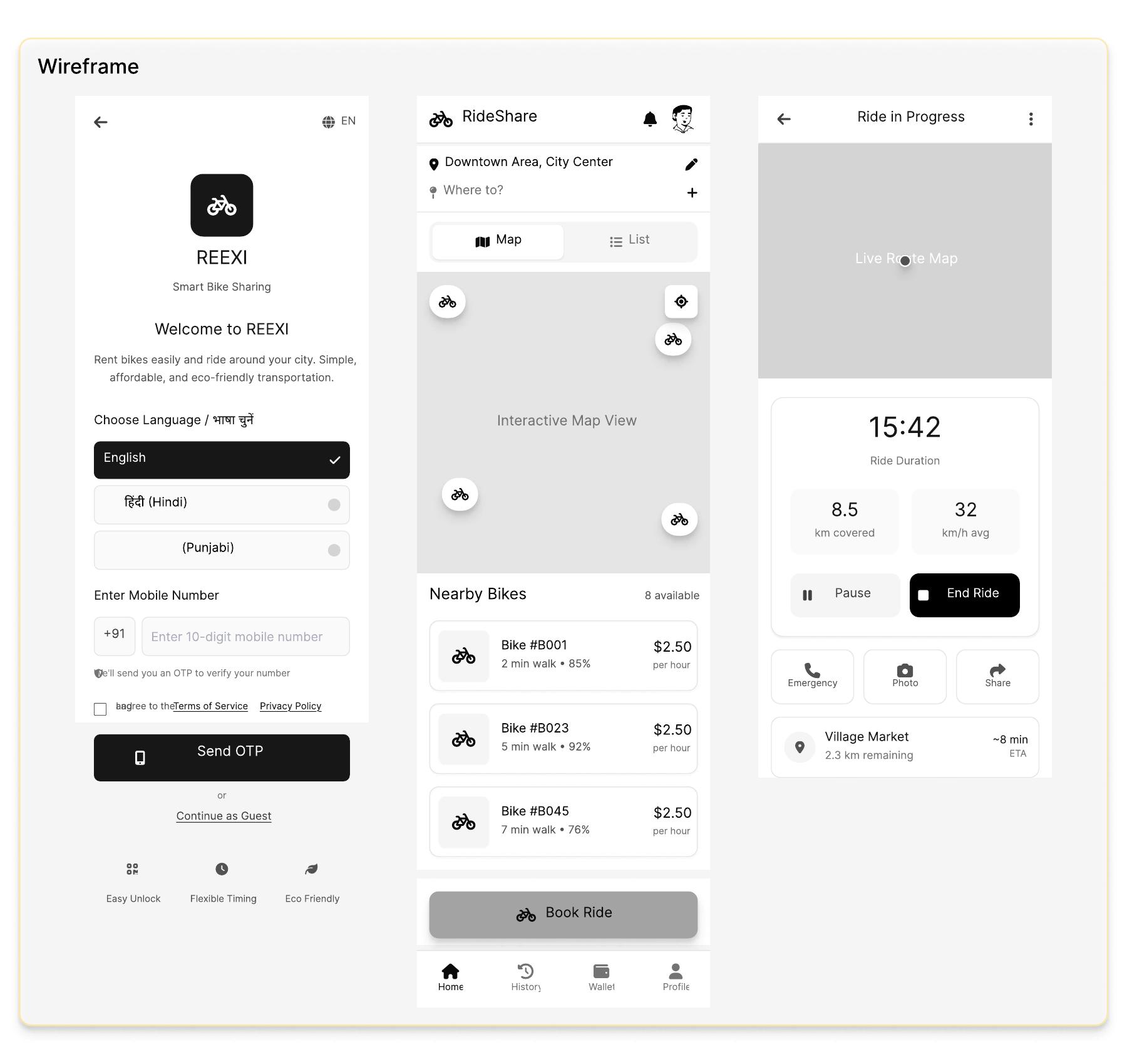 REXI low-fidelity mobile wireframes for onboarding, bike discovery and an active ride