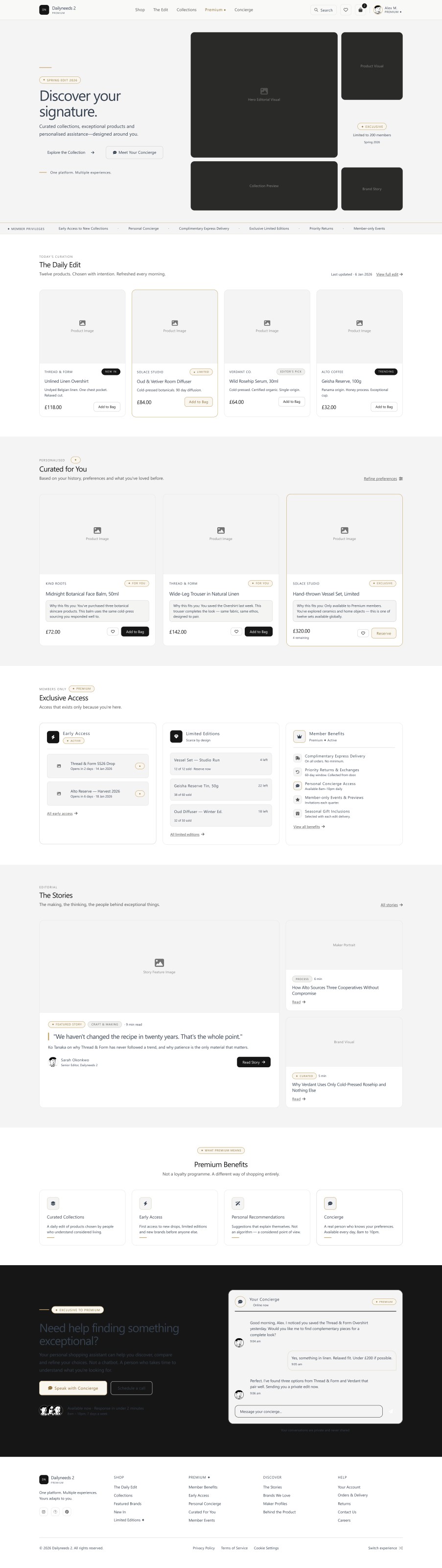 Premium concierge conversation screen with curated product suggestions