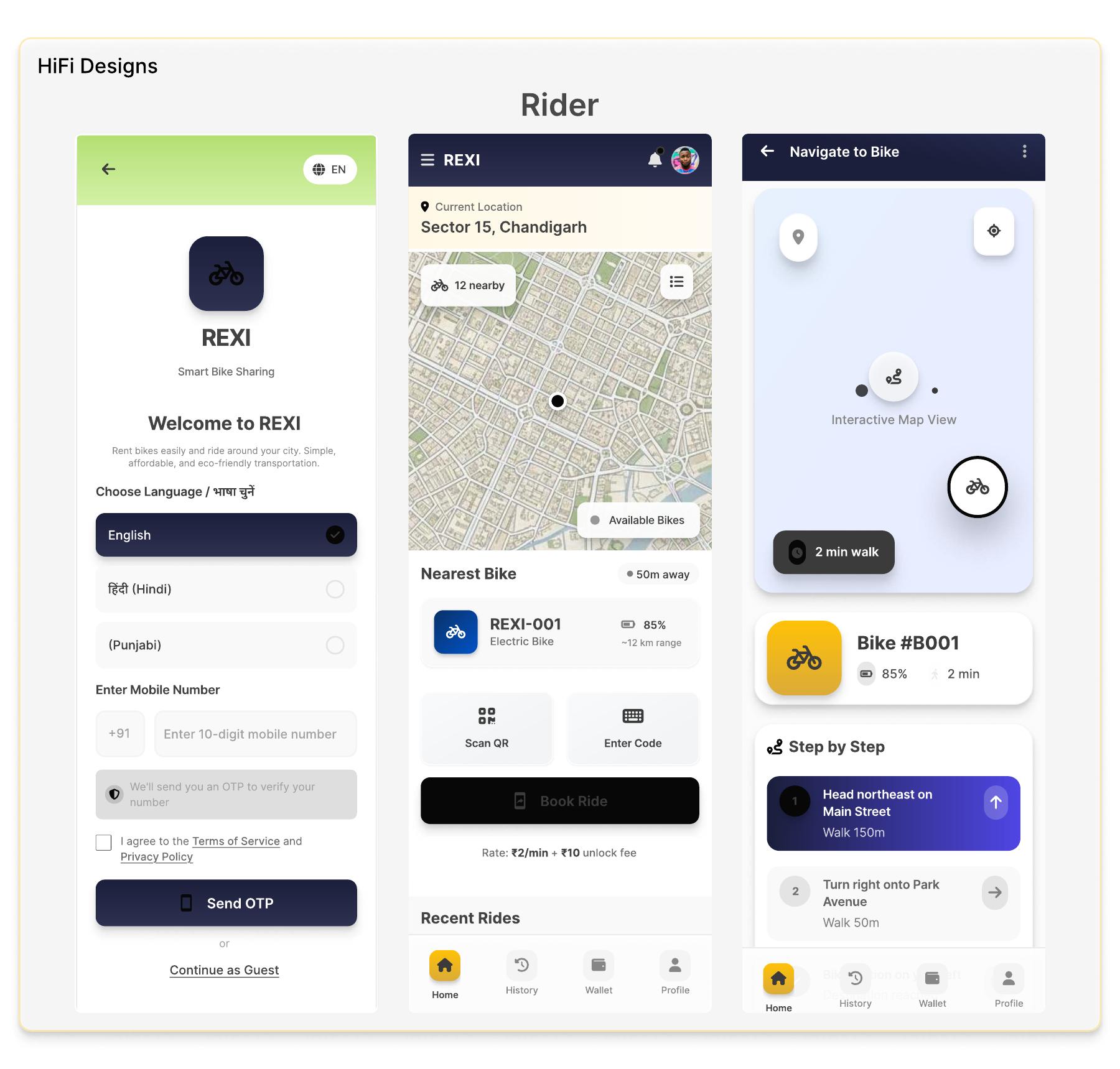 REXI high-fidelity rider screens showing bike discovery, map navigation, ride status and QR unlocking