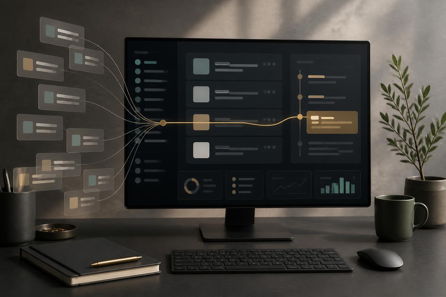 Editorial illustration of scattered work signals converging into one clear decision path