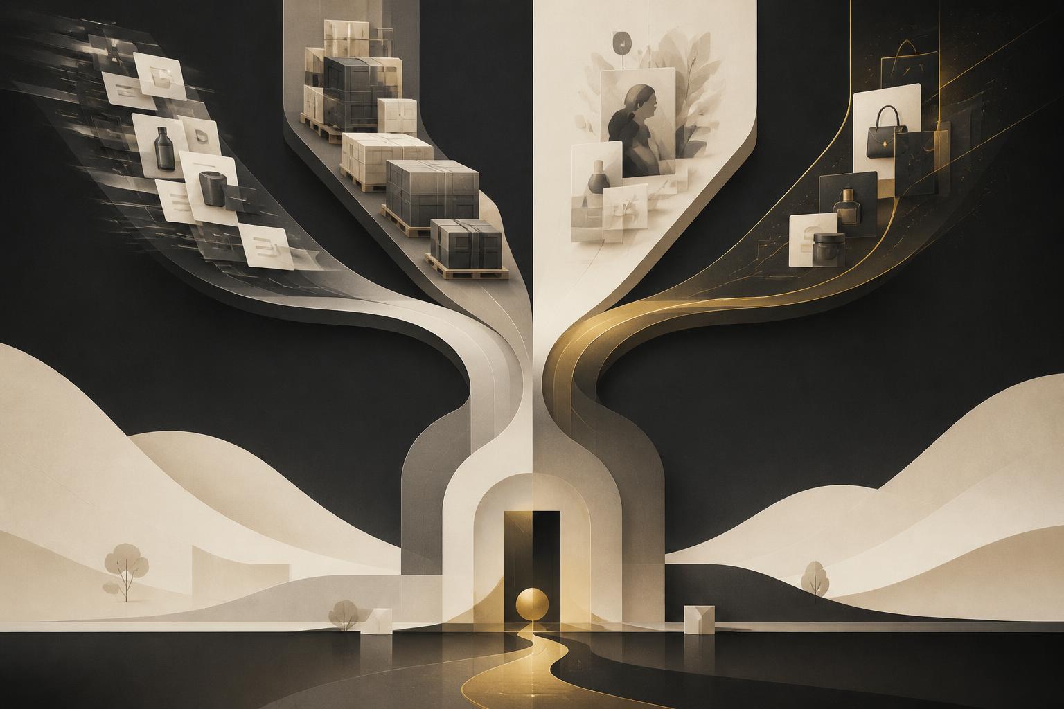 Editorial illustration of four shopping journeys converging into one commerce platform