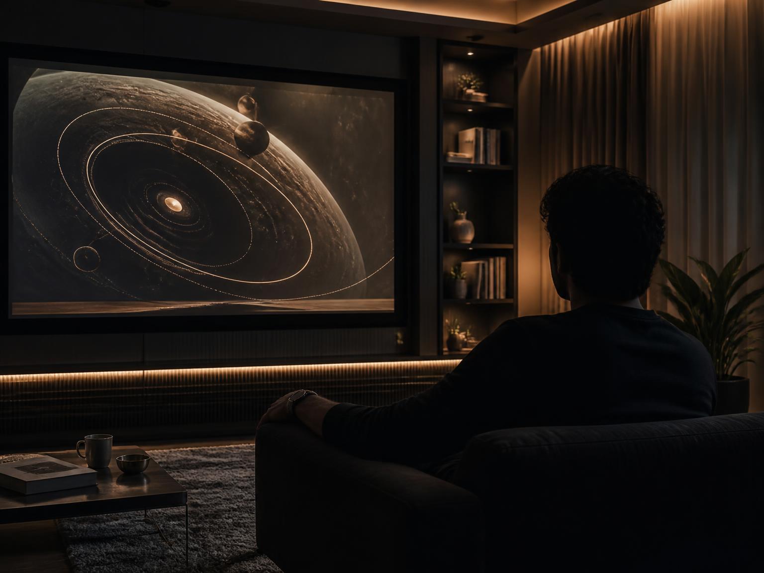 A person watching an abstract orbital science-fiction scene in a quiet home cinema