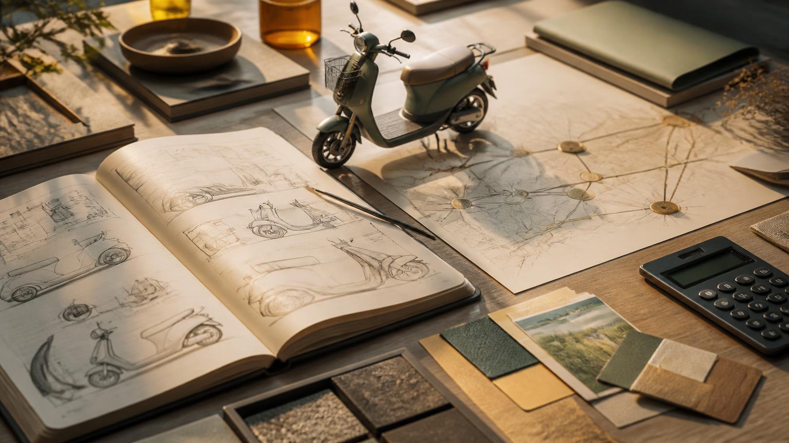 A research desk with electric scooter sketches, a scale model, route map and calculator