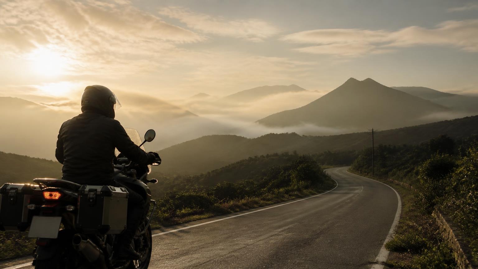 A helmeted motorcyclist riding along a winding mountain road at sunrise