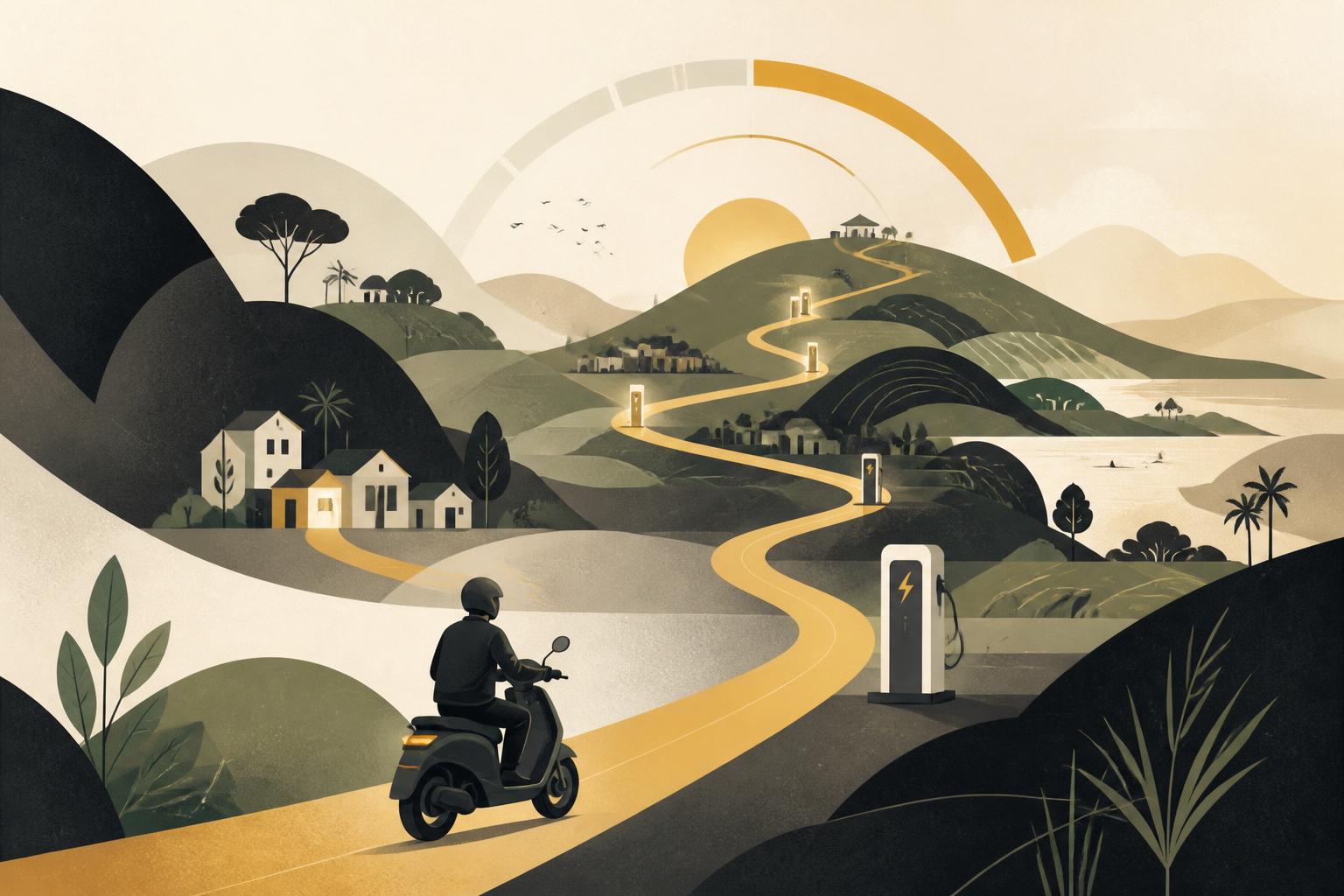 Editorial illustration of an electric scooter travelling a golden route through rural villages and charging points