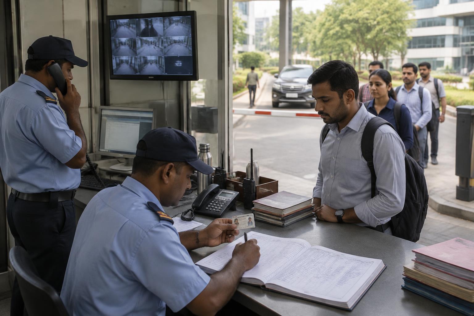 Illustrative reconstruction of a guard writing in a paper register while a colleague verifies entry by phone at an office security gate