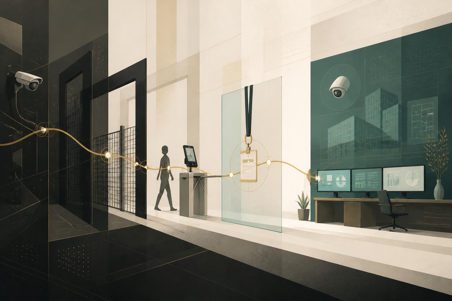 Editorial illustration of layered security checkpoints resolving into one unified control view